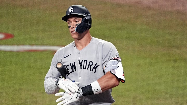 Jul 15, 2025; Cumberland, Georgia, USA; American League outfielder Aaron Judge (99) of the New York Yankees gets ready to bat during the fourth inning during the 2025 MLB All Star Game at Truist Park. Mandatory Credit: Dale Zanine-Imagn Images