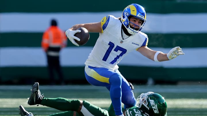 Dec 22, 2024; East Rutherford, New Jersey, USA; New York Jets safety Chuck Clark (36) tackles Los Angeles Rams wide receiver Puka Nacua (17) during the first quarter at MetLife Stadium. Mandatory Credit: Brad Penner-Imagn Images Dec 22, 2024; East Rutherford, New Jersey, USA; New York Jets safety Chuck Clark (36) tackles Los Angeles Rams wide receiver Puka Nacua (17) during the first quarter at MetLife Stadium. Mandatory Credit: Brad Penner-Imagn Images
