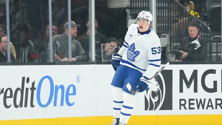 Oct 8, 2026; Las Vegas, Nevada, USA; Toronto Maple Leafs right winger Easton Cowan (53) celebrates his first-period goal against the Vegas Golden Knights at T-Mobile Arena. Mandatory Credit: Candice Ward-Imagn Images Oct 8, 2026; Las Vegas, Nevada, USA; Toronto Maple Leafs right winger Easton Cowan (53) celebrates his first-period goal against the Vegas Golden Knights at T-Mobile Arena. Mandatory Credit: Candice Ward-Imagn Images