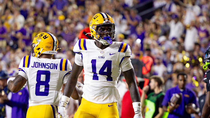 LSU Tigers tight end Trey'Dez Green (14) reacts to a play against the South Carolina Gamecocks during the first half at Tiger Stadium. 