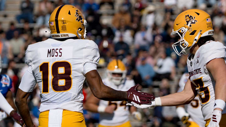 Arizona State’s Jalen Moss (18) celebrates his catch against Duke in the Tony the Tiger Sun Bowl at Sun Bowl Stadium in El Paso, Texas, on Wednesday, Dec. 31, 2025.