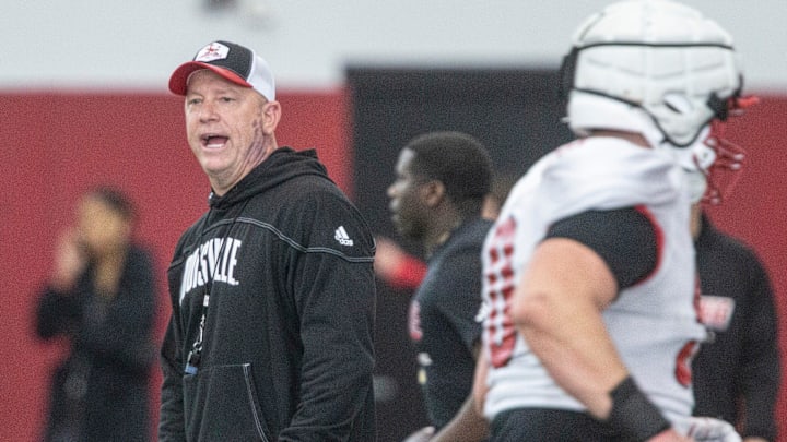 Louisville head football coach Jeff Brohm oversees practice on April 12, 2024 before the Red-White scrimmage game. Louisville head football coach Jeff Brohm oversees practice on April 12, 2024 before the Red-White scrimmage game.