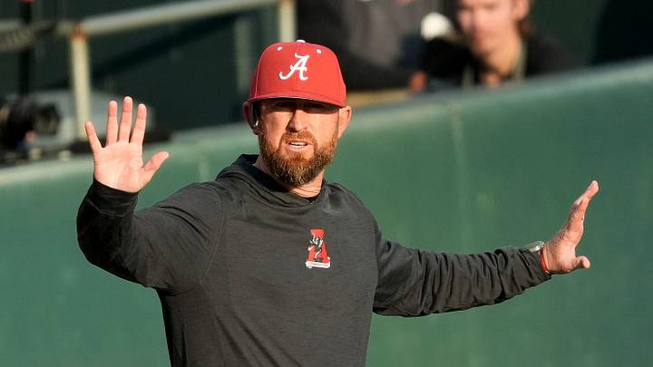 Feb 18, 2025; Tuscaloosa, Alabama, USA; Alabama baseball head coach Rob Vaughn gestures for a timeout during the game with Middle Tennessee State at Sewell-Thomas Stadium.