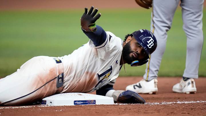 Tampa Bay Rays third baseman Junior Caminero (13) is safe at third base during the twelfth inning during Game 4 of the World Series against the Milwaukee Brewers at Tropicana Field in St. Petersburg, Fla. on Oct 27, 2026.