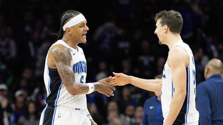 Philadelphia, Pennsylvania, USA; Orlando Magic forward Paolo Banchero (5) and forward