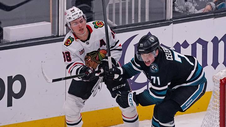 Apr 6, 2026; San Jose, California, USA;  San Jose Sharks center Macklin Celebrini (71) battles with Chicago Blackhawks center Connor Bedard (98) in the third period at SAP Center at San Jose. Mandatory Credit: David Gonzales-Imagn Images