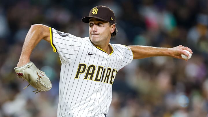 Sep 13, 2025; San Diego, California, USA; San Diego Padres relief pitcher Kyle Hart (68) throws a pitch during the seventh inning against the Colorado Rockies at Petco Park. Mandatory Credit: David Frerker-Imagn Images