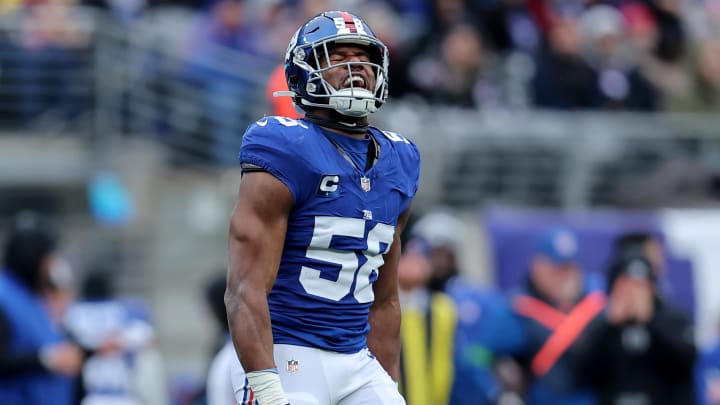 Dec 31, 2023; East Rutherford, New Jersey, USA; New York Giants linebacker Bobby Okereke (58) celebrates his sack against the Los Angeles Rams during the second quarter at MetLife Stadium. Dec 31, 2023; East Rutherford, New Jersey, USA; New York Giants linebacker Bobby Okereke (58) celebrates his sack against the Los Angeles Rams during the second quarter at MetLife Stadium.