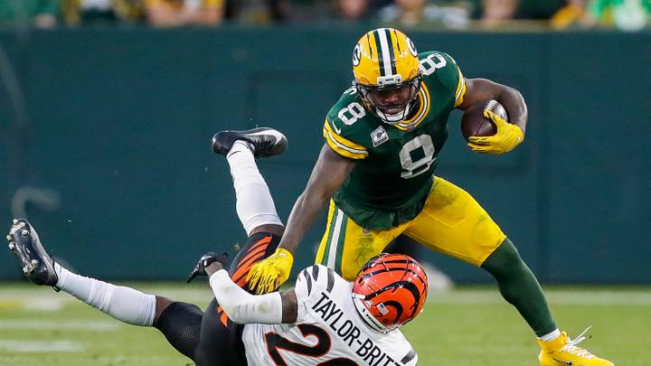 Green Bay Packers running back Josh Jacobs (8) stiff-arms Cincinnati Bengals cornerback Cam Taylor-Britt (29) on Sunday, October 12, 2025, at Lambeau Field in Green Bay, Wis. The Packers won the game, 27-18.
Tork Mason/USA TODAY NETWORK-Wisconsin Green Bay Packers running back Josh Jacobs (8) stiff-arms Cincinnati Bengals cornerback Cam Taylor-Britt (29) on Sunday, October 12, 2025, at Lambeau Field in Green Bay, Wis. The Packers won the game, 27-18.
Tork Mason/USA TODAY NETWORK-Wisconsin