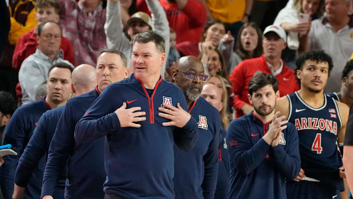 Arizona Wildcats head coach Tommy Lloyd reacts after Arizona State Sun Devils head coach Bobby Hurley instructs his team to go to the locker room before the end of a Big 12 men's basketball game at Desert Financial Arena on Feb. 1, 2025, in Tempe.