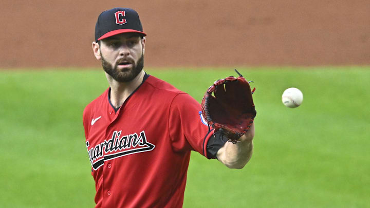 Sep 4, 2023; Cleveland, Ohio, USA; Cleveland Guardians starting pitcher Lucas Giolito (27) reacts