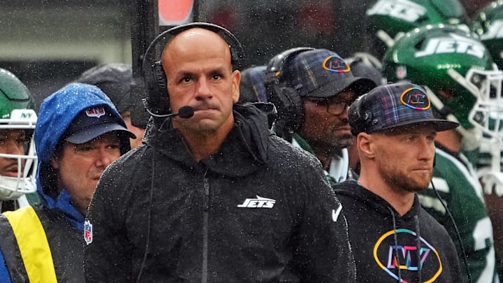Sep 29, 2024; East Rutherford, New Jersey, USA;  New York Jets head coach Robert Saleh looks on from the sidelines against the Denver Broncos during the first half at MetLife Stadium. Mandatory Credit: Robert Deutsch-Imagn Images