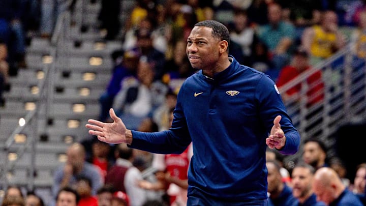 Nov 14, 2025; New Orleans, Louisiana, USA;  New Orleans Pelicans Head Coach Willie Green reacts to a play against the Los Angeles Lakers. during the second half at Smoothie King Center. Mandatory Credit: Stephen Lew-Imagn Images