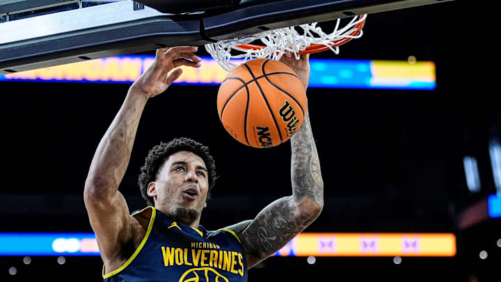 Michigan forward Yaxel Lendeborg (23) at open practice at Lucas Oil Stadium in Indianapolis on Friday, April 3, 2026.