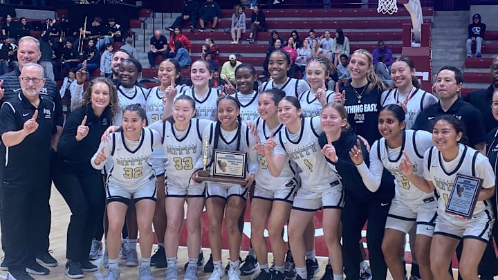 Mitty's girls basketball team pose after winning its ninth CCS Open title in 10 years