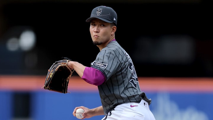 May 31, 2025; New York City, New York, USA; New York Mets starting pitcher Kodai Senga (34) pitches against the Colorado Rockies during the third inning at Citi Field. Mandatory Credit: Brad Penner-Imagn Images