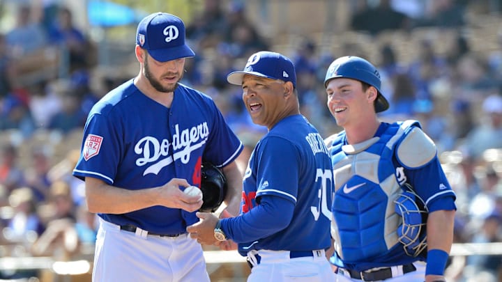 Feb 28, 2019; Phoenix, AZ, USA; Los Angeles Dodgers manager Dave Roberts (30) pulls starting pitcher Rich Hill (44) from the game as catcher Will Smith (67) looks on during the second inning against the Colorado Rockies at Camelback Ranch. Mandatory Credit: Matt Kartozian-Imagn Images Feb 28, 2019; Phoenix, AZ, USA; Los Angeles Dodgers manager Dave Roberts (30) pulls starting pitcher Rich Hill (44) from the game as catcher Will Smith (67) looks on during the second inning against the Colorado Rockies at Camelback Ranch. Mandatory Credit: Matt Kartozian-Imagn Images