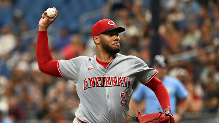 Jul 28, 2024; St. Petersburg, Florida, USA; Cincinnati Reds starting pitcher Hunter Greene (21) throws a pitch in the first inning against the Tampa Bay Rays at Tropicana Field. Mandatory Credit: Jonathan Dyer-Imagn Images