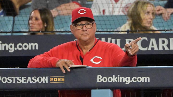 Oct 1, 2025; Los Angeles, California, USA; Cincinnati Reds manager Terry Francona (77) guestures in the seventh inning against the Los Angeles Dodgers during game two of the Wildcard round for the 2025 MLB playoffs at Dodger Stadium. Mandatory Credit: Jayne Kamin-Oncea-Imagn Images