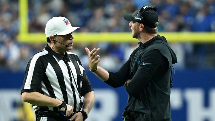 Dec 28, 2025; Indianapolis, Indiana, USA; Jacksonville Jaguars head coach Liam Coen talks to NFL referee Brad Allen during the second half against the Indianapolis Colts at Lucas Oil Stadium. Mandatory Credit: Robert Goddin-Imagn Images Dec 28, 2025; Indianapolis, Indiana, USA; Jacksonville Jaguars head coach Liam Coen talks to NFL referee Brad Allen during the second half against the Indianapolis Colts at Lucas Oil Stadium. Mandatory Credit: Robert Goddin-Imagn Images