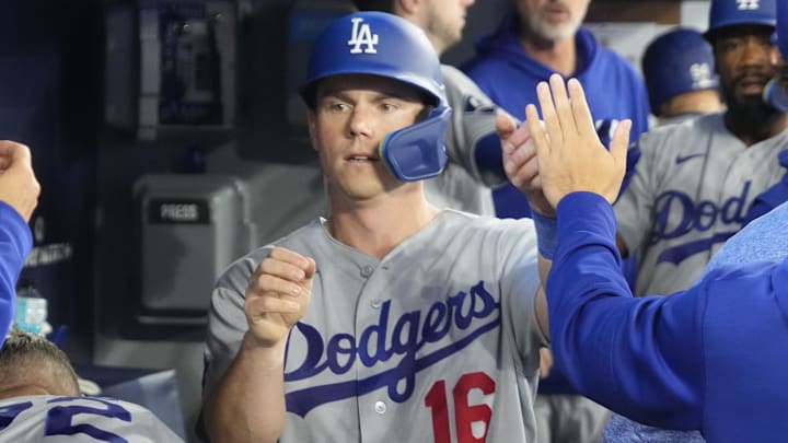 Apr 8, 2026; Toronto, Ontario, CAN; Los Angeles Dodgers catcher Will Smith (16) gets congratulated after scoring against the Toronto Blue Jays during the sixth inning at Rogers Centre. Mandatory Credit: John E. Sokolowski-Imagn Images