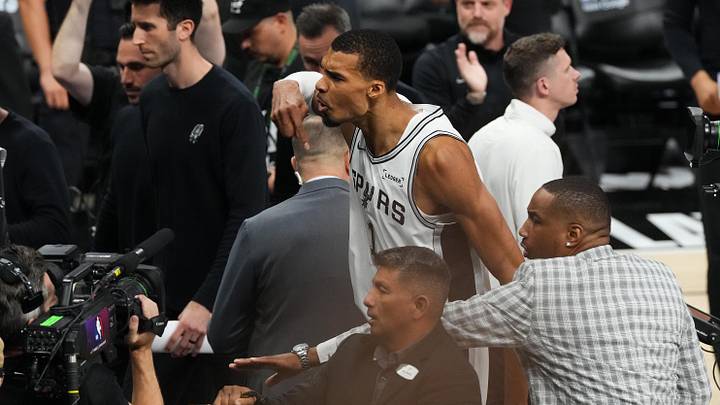 Victor Wembanyama was fired up after draining a half-court buzzer beater to end the first half of Spurs vs. Thunder Game 4 in the NBA playoffs.