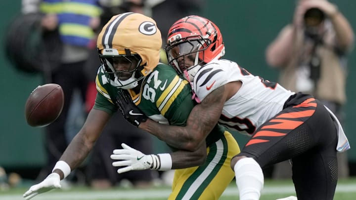 Cincinnati Bengals cornerback DJ Turner II (20) forces an incomplete pass intended for Green Bay Packers wide receiver Romeo Doubs (87) during the first quarter of their game Sunday, October 12, 2025 at Lambeau Field in Green Bay, Wisconsin.