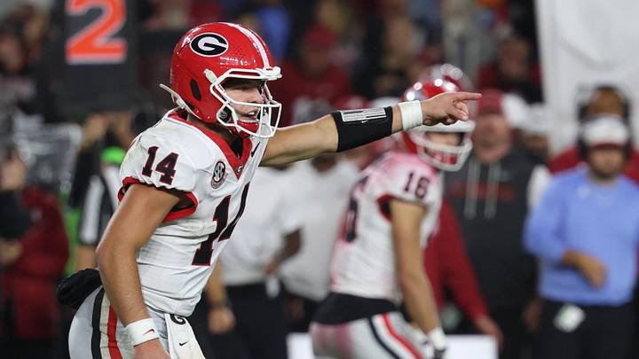 Oct 10, 2026; Tuscaloosa, Alabama, USA; Georgia Bulldogs quarterback Gunner Stockton (14) calls a play at the line of scrimmage against the Georgia Bulldogs during the second quarter at Saban Field at Bryant-Denny Stadium. Mandatory Credit: David Leong-Imagn Images Oct 10, 2026; Tuscaloosa, Alabama, USA; Georgia Bulldogs quarterback Gunner Stockton (14) calls a play at the line of scrimmage against the Georgia Bulldogs during the second quarter at Saban Field at Bryant-Denny Stadium. Mandatory Credit: David Leong-Imagn Images
