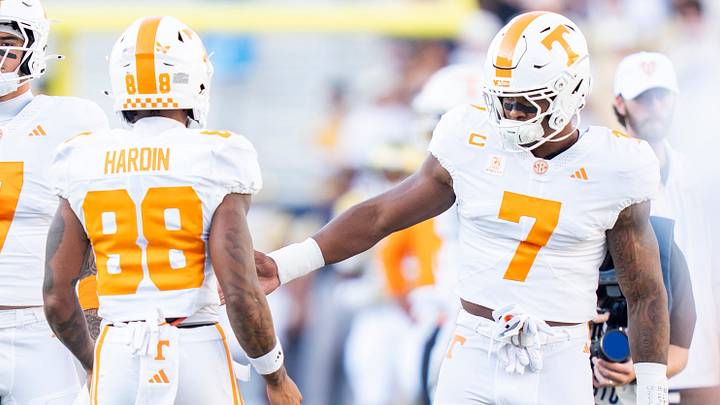 Tennessee linebacker Arion Carter (7) high fives Tennessee wide receiver Deon Hardin (88) before a college football game between Tennessee and Georgia Tech at Bobby Dodd Stadium in Atlanta, Ga., on Sept. 12, 2026. Tennessee linebacker Arion Carter (7) high fives Tennessee wide receiver Deon Hardin (88) before a college football game between Tennessee and Georgia Tech at Bobby Dodd Stadium in Atlanta, Ga., on Sept. 12, 2026.