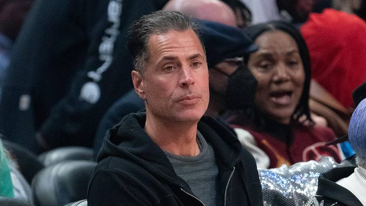 February 20, 2022; Cleveland, Ohio, USA; Los Angeles Lakers general manager Rob Pelinka during the first quarter in the 2022 NBA All-Star Game at Rocket Mortgage FieldHouse. Mandatory Credit: Kyle Terada-Imagn Images