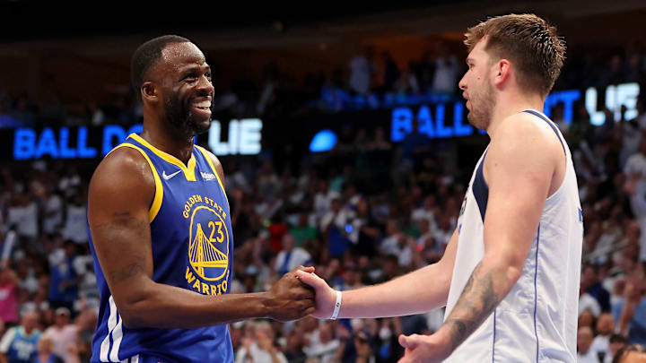 May 24, 2022; Dallas, Texas, USA; Golden State Warriors forward Draymond Green (23) with Dallas Mavericks guard Luka Doncic (77) during the third quarter in game four of the 2022 Western Conference finals at American Airlines Center. Mandatory Credit: Kevin Jairaj-Imagn Images May 24, 2022; Dallas, Texas, USA; Golden State Warriors forward Draymond Green (23) with Dallas Mavericks guard Luka Doncic (77) during the third quarter in game four of the 2022 Western Conference finals at American Airlines Center. Mandatory Credit: Kevin Jairaj-Imagn Images