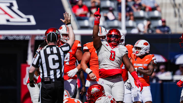 Oct 4, 2025; Tucson, Arizona, USA; Arizona Wildcats defensive lineman Deshawn McKnight (0) reacts after making a tackle against the Oklahoma State Cowboys during the second quarter at Arizona Stadium. Mandatory Credit: Aryanna Frank-Imagn Images Oct 4, 2025; Tucson, Arizona, USA; Arizona Wildcats defensive lineman Deshawn McKnight (0) reacts after making a tackle against the Oklahoma State Cowboys during the second quarter at Arizona Stadium. Mandatory Credit: Aryanna Frank-Imagn Images