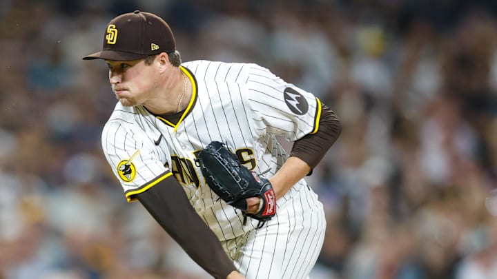 Aug 9, 2025; San Diego, California, USA; San Diego Padres relief pitcher Mason Miller (22) throws a pitch during the seventh inning against the Boston Red Sox at Petco Park. Mandatory Credit: David Frerker-Imagn Images