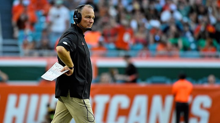 Sep 22, 2018; Miami Gardens, FL, USA; Miami Hurricanes head coach Mark Richt looks on during the second half against the FIU Golden Panthers at Hard Rock Stadium. Mandatory Credit: Jasen Vinlove-Imagn Images