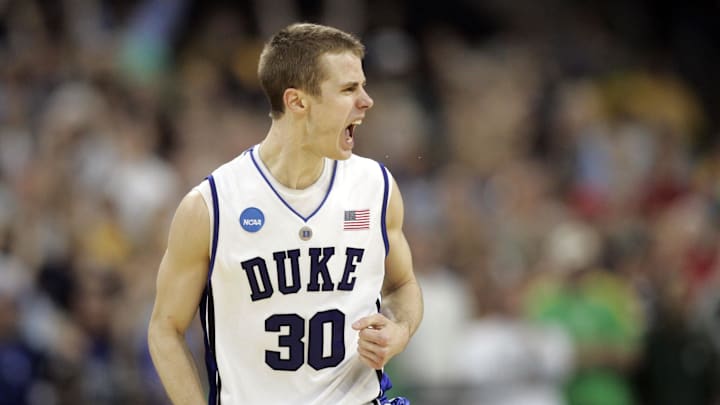 Jon Scheyer, who coached Duke to a win over Baylor Saturday, reacts during a Blue Devils game against the Bears in 2010.