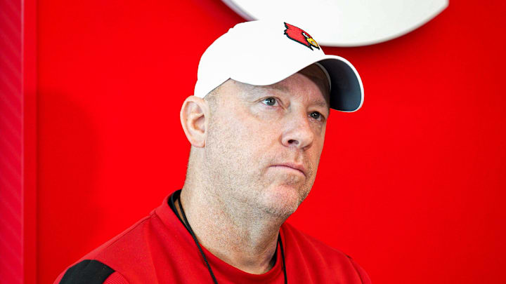 STILL FROM VIDEO: Louisville coach Jeff Brohm talks about facing Toledo in the Boca Raton Bowl.