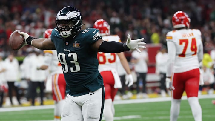 Feb 9, 2025; New Orleans, LA, USA; Philadelphia Eagles defensive tackle Milton Williams (93) celebrates after recovering a fumble against the Kansas City Chiefs in the fourth quarter during Super Bowl LIX at Caesars Superdome. Mandatory Credit: Geoff Burke-Imagn Images