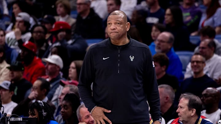 Mar 28, 2024; New Orleans, Louisiana, USA;   
Milwaukee Bucks head coach Doc Rivers looks on against the New Orleans Pelicans during the first half at Smoothie King Center. Mandatory Credit: Stephen Lew-Imagn Images