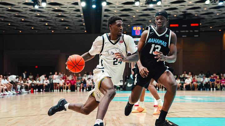 Arkansas Razorbacks small forward Billy Richmond III drives to the basket in first half against Bahamas National Team.