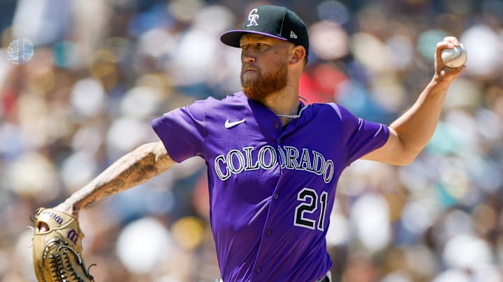 Apr 13, 2025; San Diego, California, USA; Colorado Rockies starting pitcher Kyle Freeland (21) throws a pitch during the first inning against against the San Diego Padres at Petco Park. Mandatory Credit: David Frerker-Imagn Images