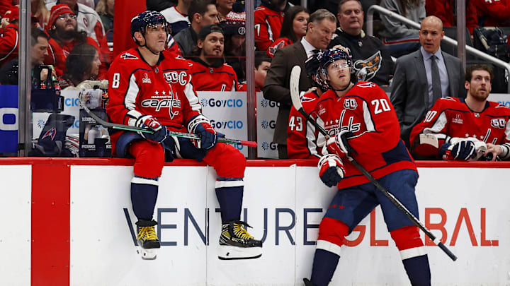 Lars Eller, Alex Ovechkin, Washington Capitals Mandatory Credit: Peter Casey-Imagn Images