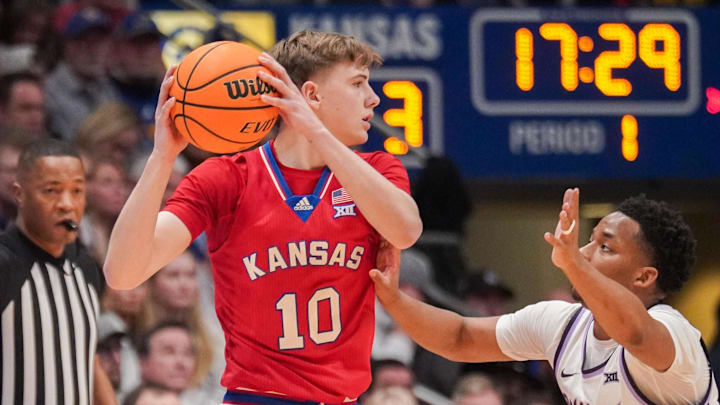 Mar 5, 2024; Lawrence, Kansas, USA; Kansas Jayhawks guard Johnny Furphy (10)