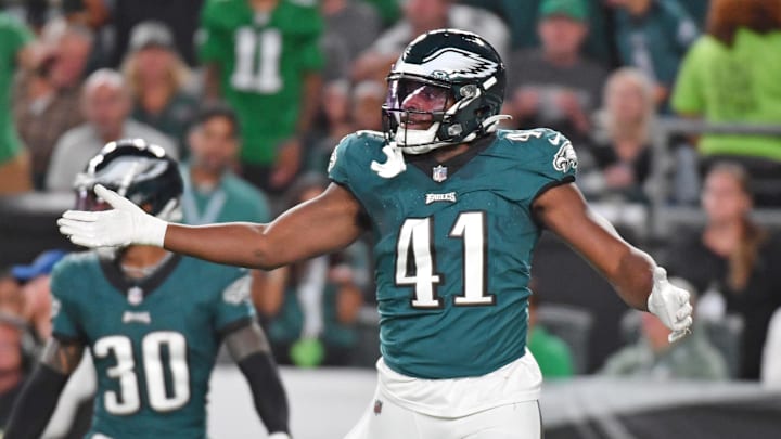 Sep 14, 2023; Philadelphia, Pennsylvania, USA; Philadelphia Eagles linebacker Nicholas Morrow (41) against the Minnesota Vikings at Lincoln Financial Field. Mandatory Credit: Eric Hartline-Imagn Images
