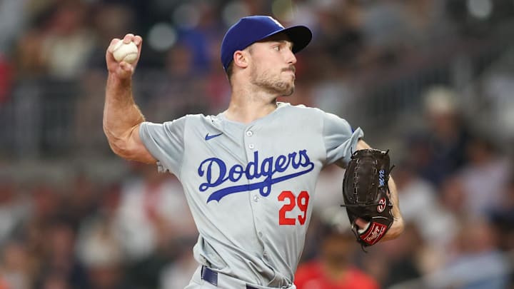 Sep 13, 2024; Atlanta, Georgia, USA; Los Angeles Dodgers relief pitcher Michael Grove (29) throws against the Atlanta Braves in the third inning at Truist Park. Mandatory Credit: Brett Davis-Imagn Images