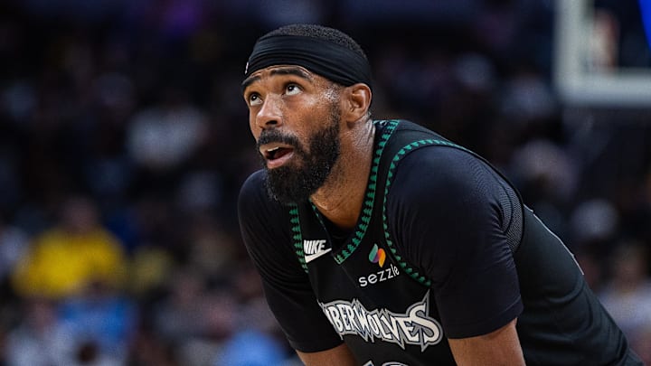 Apr 7, 2026; Indianapolis, Indiana, USA; Minnesota Timberwolves guard Mike Conley (10) looks on in the second half against the Indiana Pacers at Gainbridge Fieldhouse. Mandatory Credit: Trevor Ruszkowski-Imagn Images