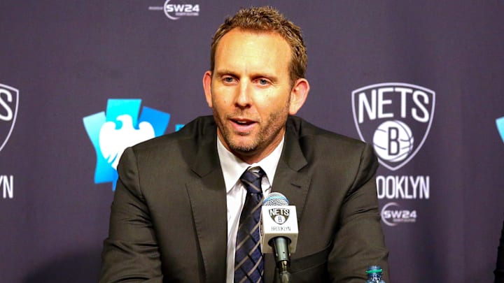 Mar 24, 2016; Brooklyn, NY, USA; Sean Marks general manager of the Brooklyn Nets talks at a press conference announcing the Long Island Nets D League team before the game against the Cleveland Cavaliers at Barclays Center. Mandatory Credit: Anthony Gruppuso-Imagn Images
