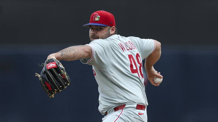 Mar 14, 2026; Tampa, Florida, USA; Philadelphia Phillies starting pitcher Bryse Wilson (48) throws a pitch against the New York Yankees in the second inning during spring training at George M. Steinbrenner Field. Mandatory Credit: Nathan Ray Seebeck-Imagn Images Mar 14, 2026; Tampa, Florida, USA; Philadelphia Phillies starting pitcher Bryse Wilson (48) throws a pitch against the New York Yankees in the second inning during spring training at George M. Steinbrenner Field. Mandatory Credit: Nathan Ray Seebeck-Imagn Images
