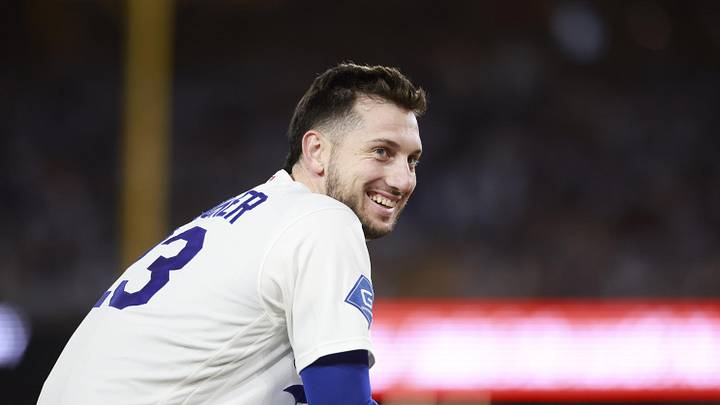 Jun 15, 2026; Los Angeles, California, USA; Los Angeles Dodgers right fielder Kyle Tucker (23) reacts on third base after a double by left fielder Ryan Ward (not shown) in the fourth inning against the Tampa Bay Rays at Dodger Stadium. Mandatory Credit: William Navarro-Imagn Images