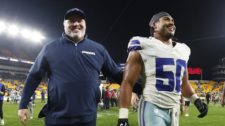 Oct 6, 2024; Pittsburgh, Pennsylvania, USA; Dallas Cowboys head coach Mike McCarthy (left) and linebacker Eric Kendricks (50) celebrate leaving the field after defeating the Pittsburgh Steelers at Acrisure Stadium. Dallas won 20-17. Mandatory Credit: Charles LeClaire-Imagn Images Oct 6, 2024; Pittsburgh, Pennsylvania, USA; Dallas Cowboys head coach Mike McCarthy (left) and linebacker Eric Kendricks (50) celebrate leaving the field after defeating the Pittsburgh Steelers at Acrisure Stadium. Dallas won 20-17. Mandatory Credit: Charles LeClaire-Imagn Images