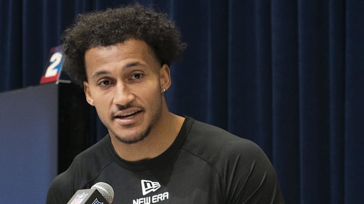 Feb 28, 2025; Indianapolis, IN, USA; Stanford wideout Elic Ayomanor (WO02)answers questions at a press conference during the 2025 NFL Combine at Indiana Convention Center. Mandatory Credit: Stephanie Amador Blondet-Imagn Images Feb 28, 2025; Indianapolis, IN, USA; Stanford wideout Elic Ayomanor (WO02)answers questions at a press conference during the 2025 NFL Combine at Indiana Convention Center. Mandatory Credit: Stephanie Amador Blondet-Imagn Images